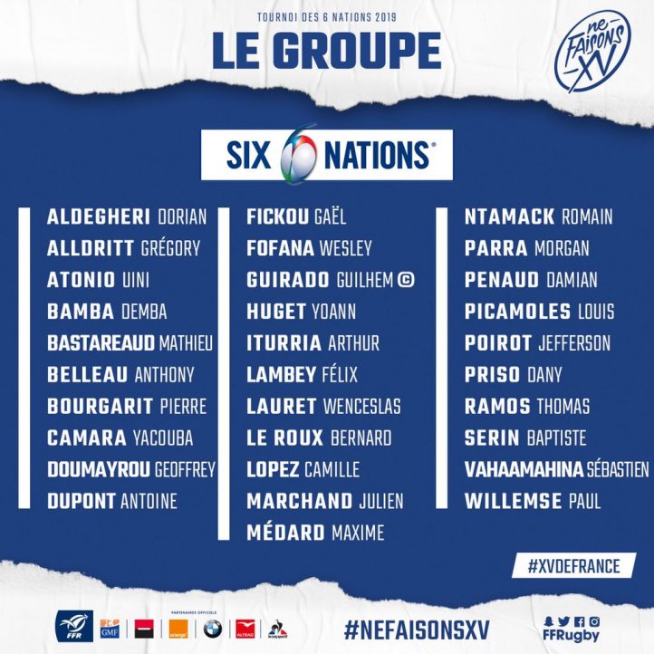 Sélection XV de France pour Tournoi 2019